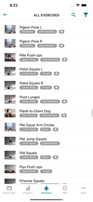 Exercise library with per-movement previews