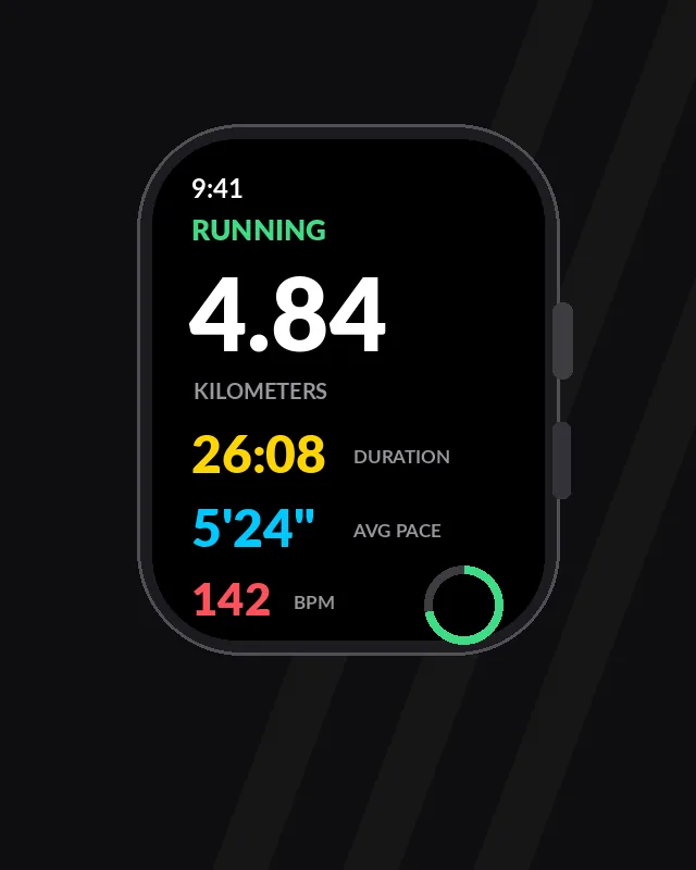 Apple Watch companion — live run metrics (representative render)