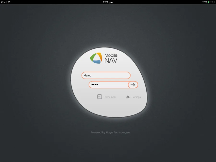 Mobile Dynamics NAV login screen