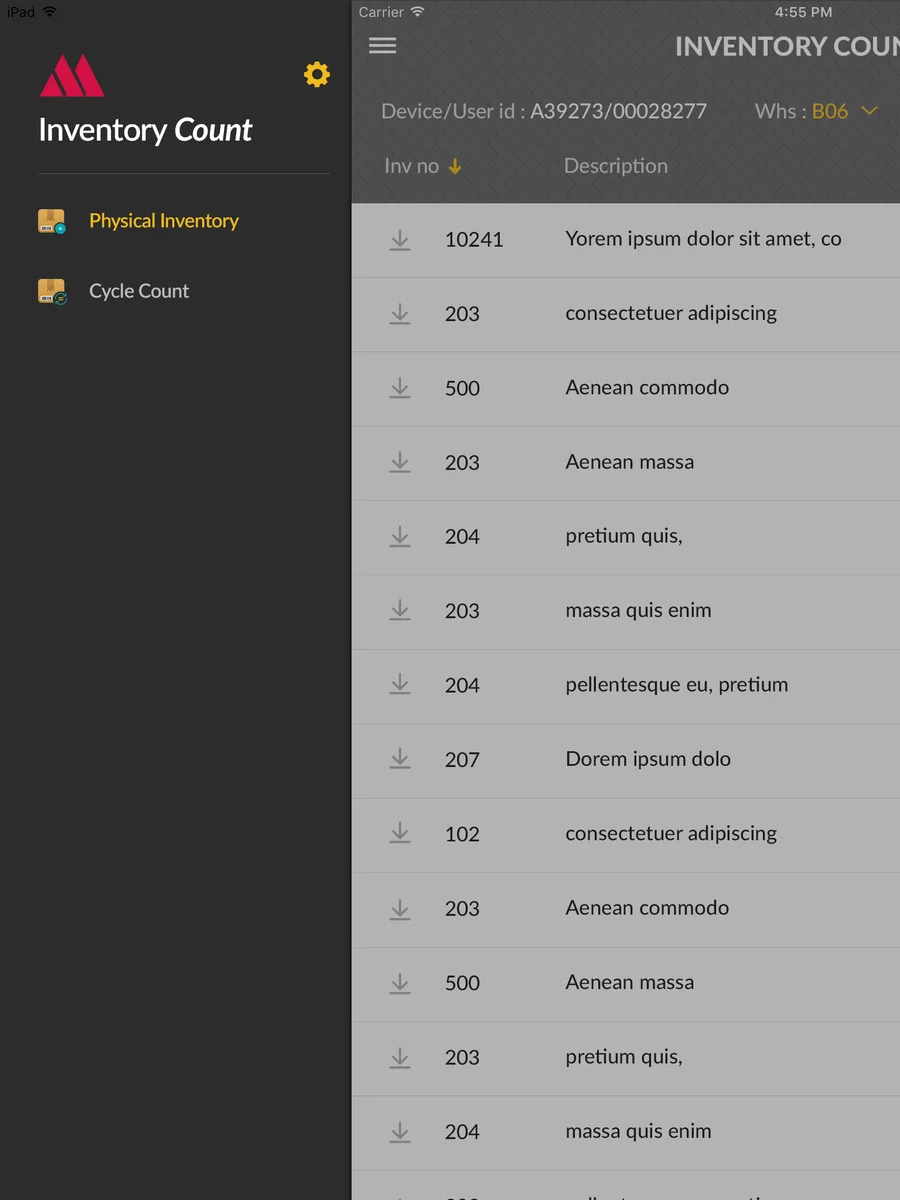 Inventory Count list with downloadable items